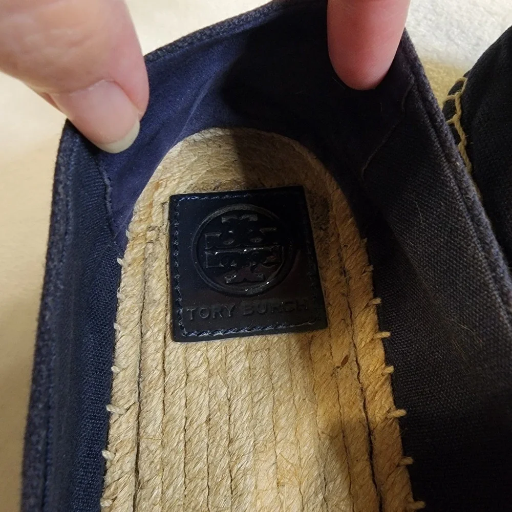 Tory Burch Poppy Canvas Espadrille Logo Slip On Shoes- Navy, Women's Size 9.5M